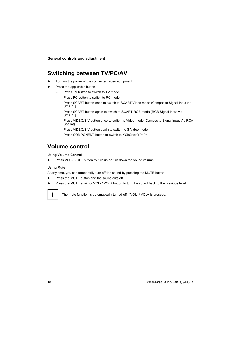 Switching between tv/pc/av, Volume control | Fujitsu Siemens Computers V17-1 User Manual | Page 26 / 64