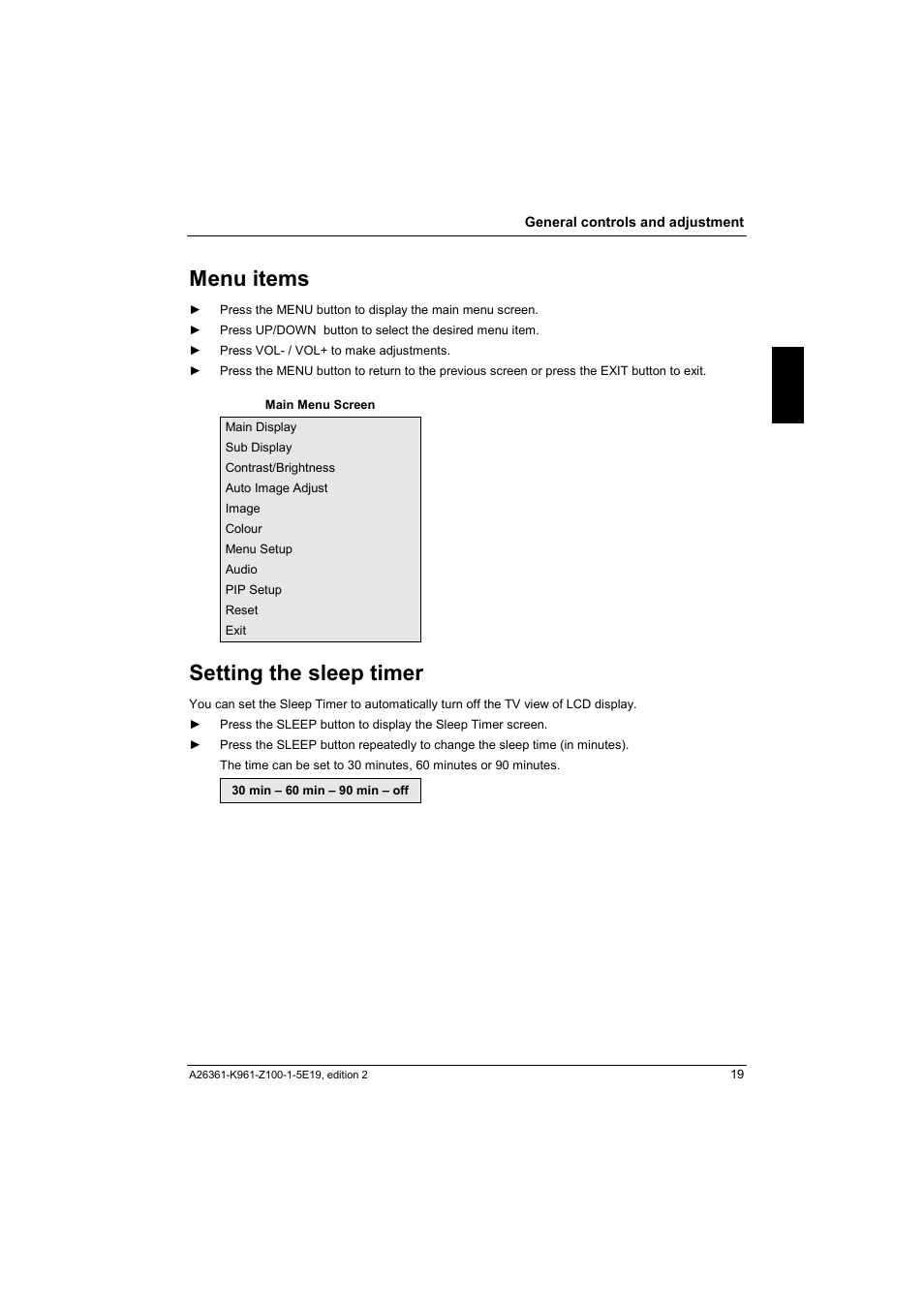 Menu items, Setting the sleep timer | Fujitsu Siemens Computers V17-1 User Manual | Page 27 / 64
