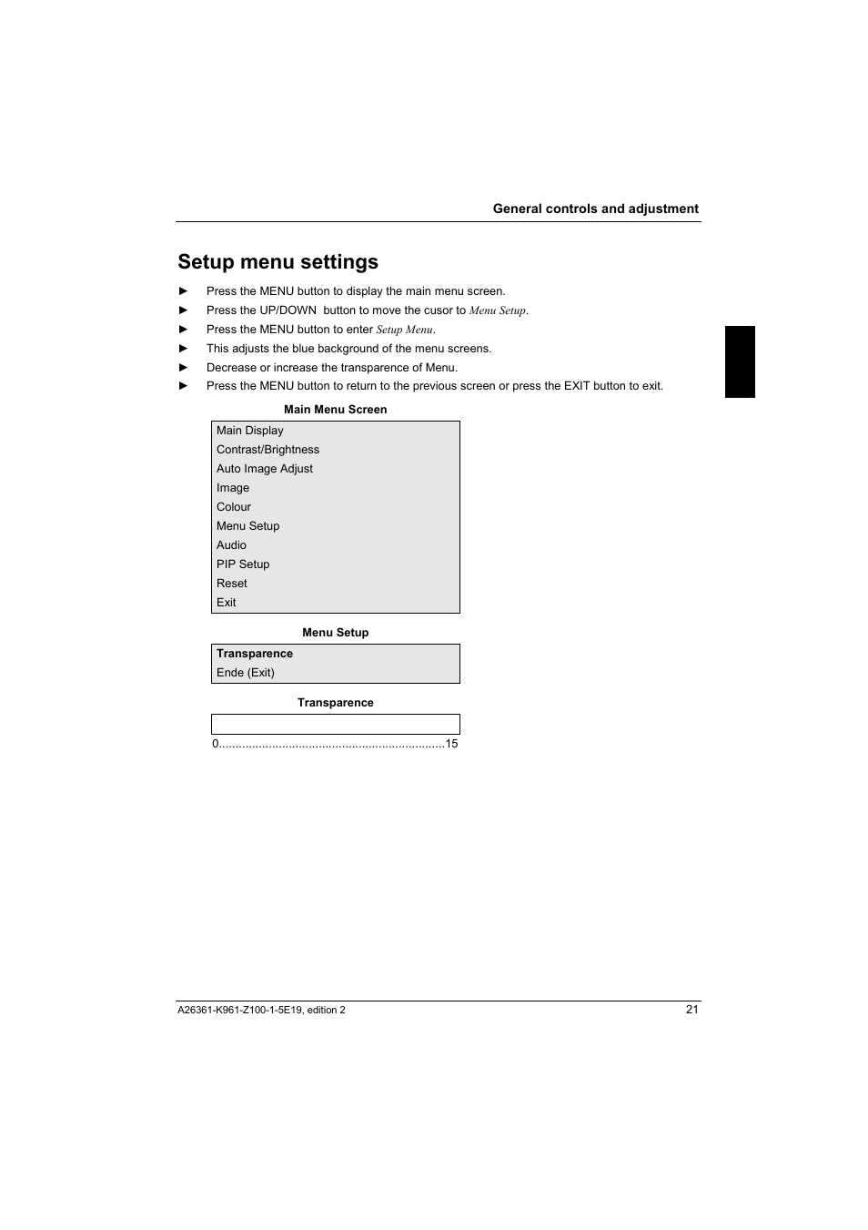 Setup menu settings | Fujitsu Siemens Computers V17-1 User Manual | Page 29 / 64