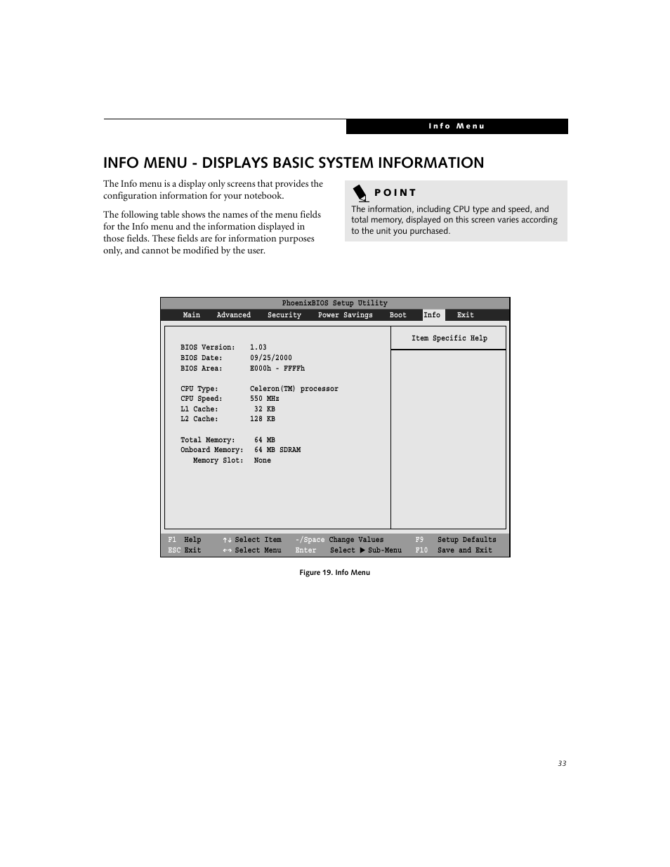 Info menu - displays basic system information | Fujitsu Siemens Computers LifeBook i Series User Manual | Page 33 / 36