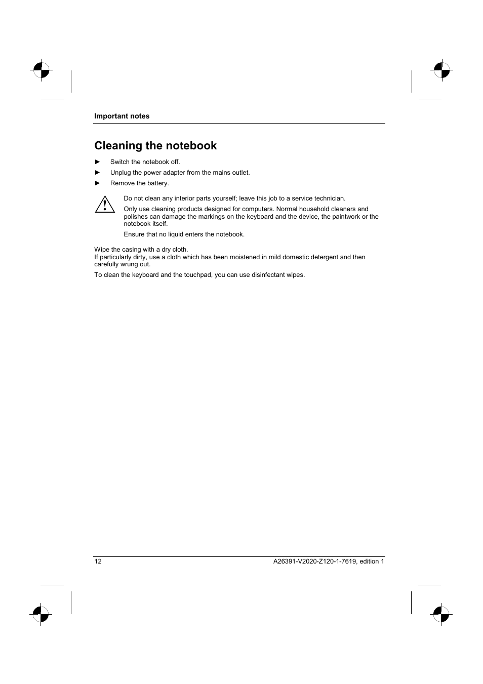 Cleaning the notebook | Fujitsu Siemens Computers V2020 User Manual | Page 20 / 60