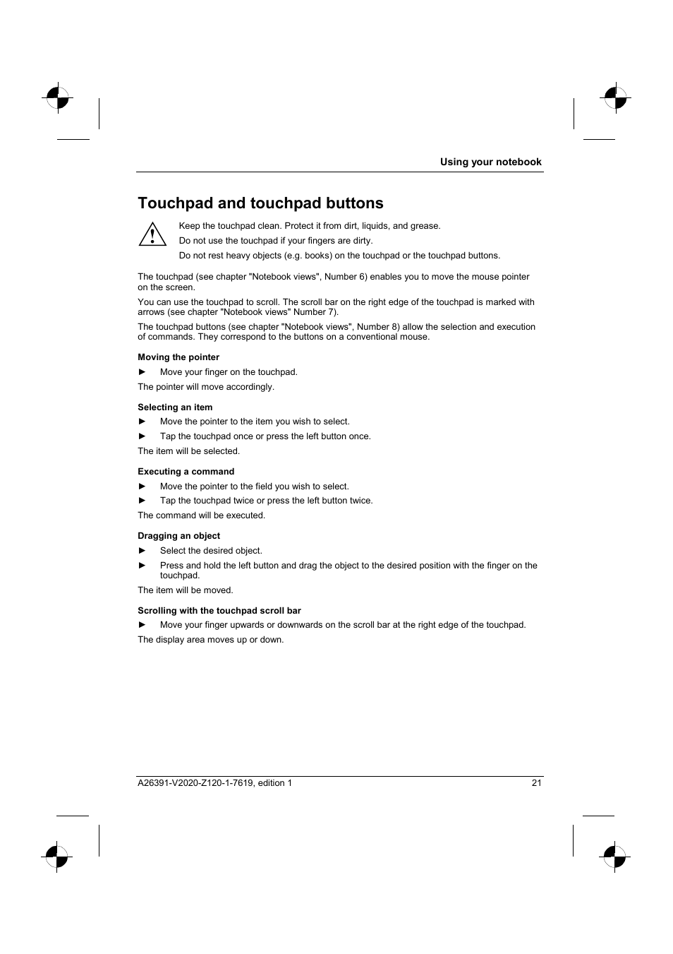 Touchpad and touchpad buttons | Fujitsu Siemens Computers V2020 User Manual | Page 29 / 60