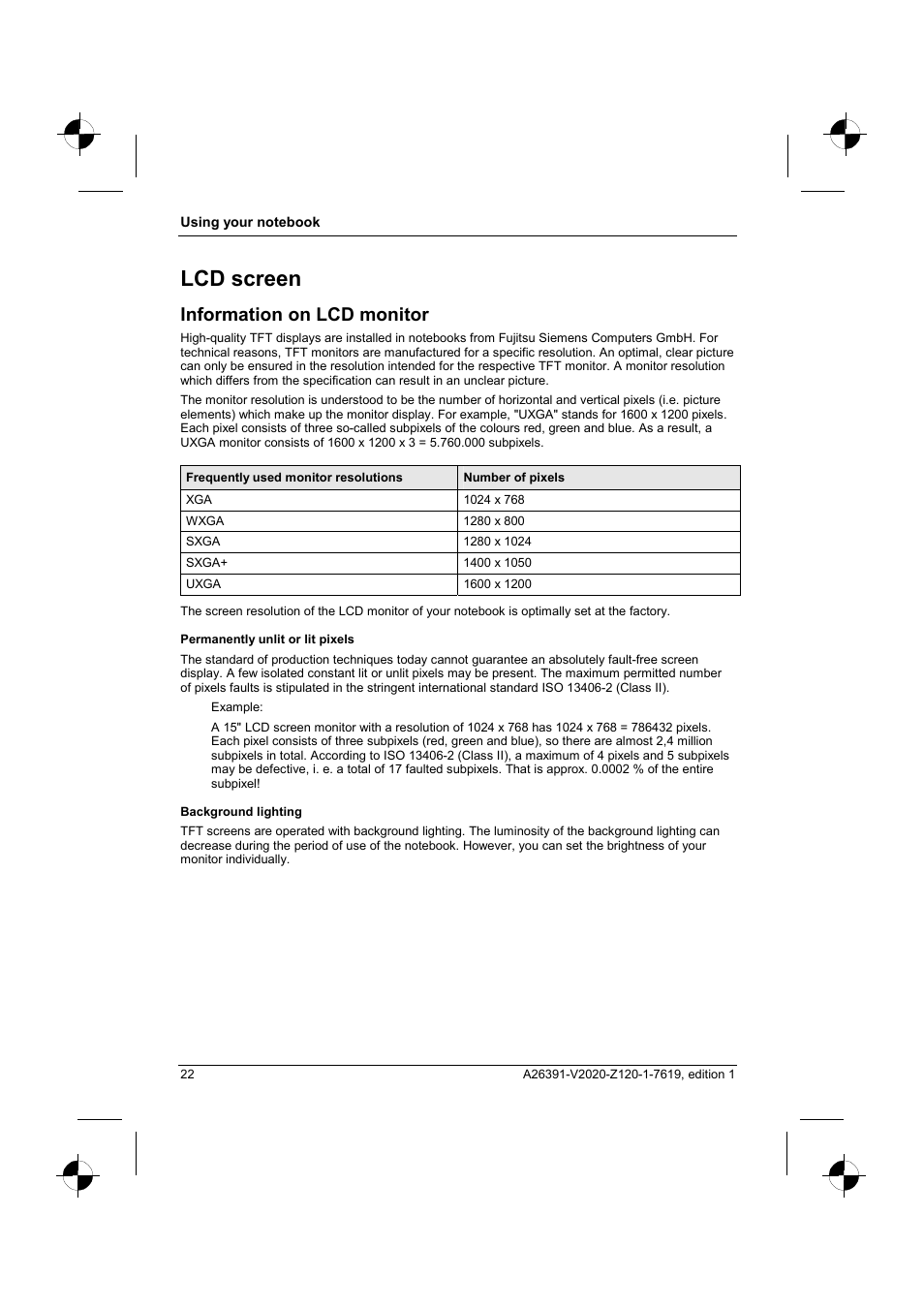 Lcd screen, Information on lcd monitor | Fujitsu Siemens Computers V2020 User Manual | Page 30 / 60