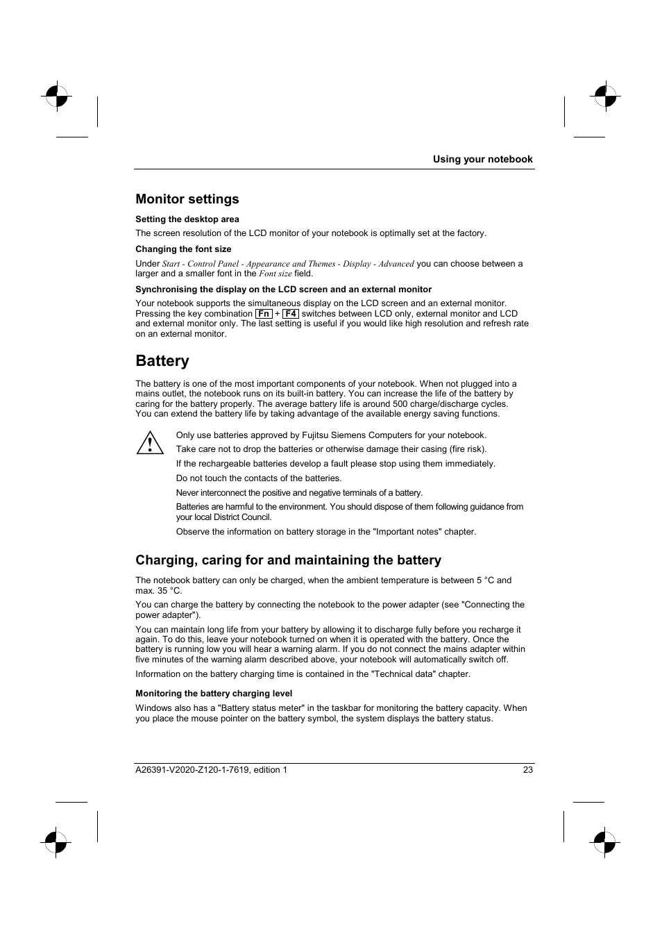 Monitor settings, Battery, Charging, caring for and maintaining the battery | Fujitsu Siemens Computers V2020 User Manual | Page 31 / 60