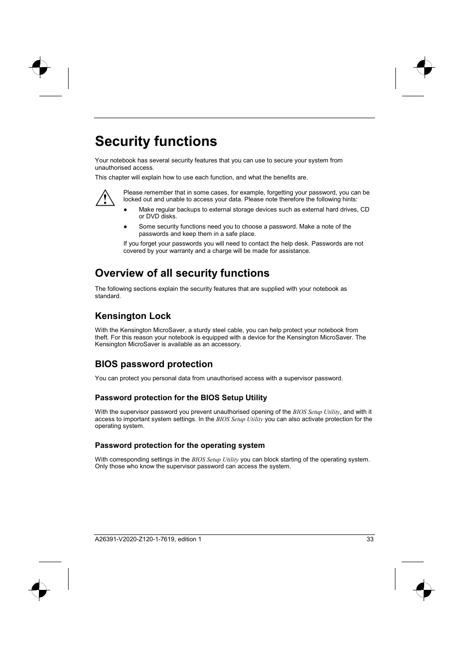 Security functions, Overview of all security functions, Kensington lock | Bios password protection | Fujitsu Siemens Computers V2020 User Manual | Page 41 / 60