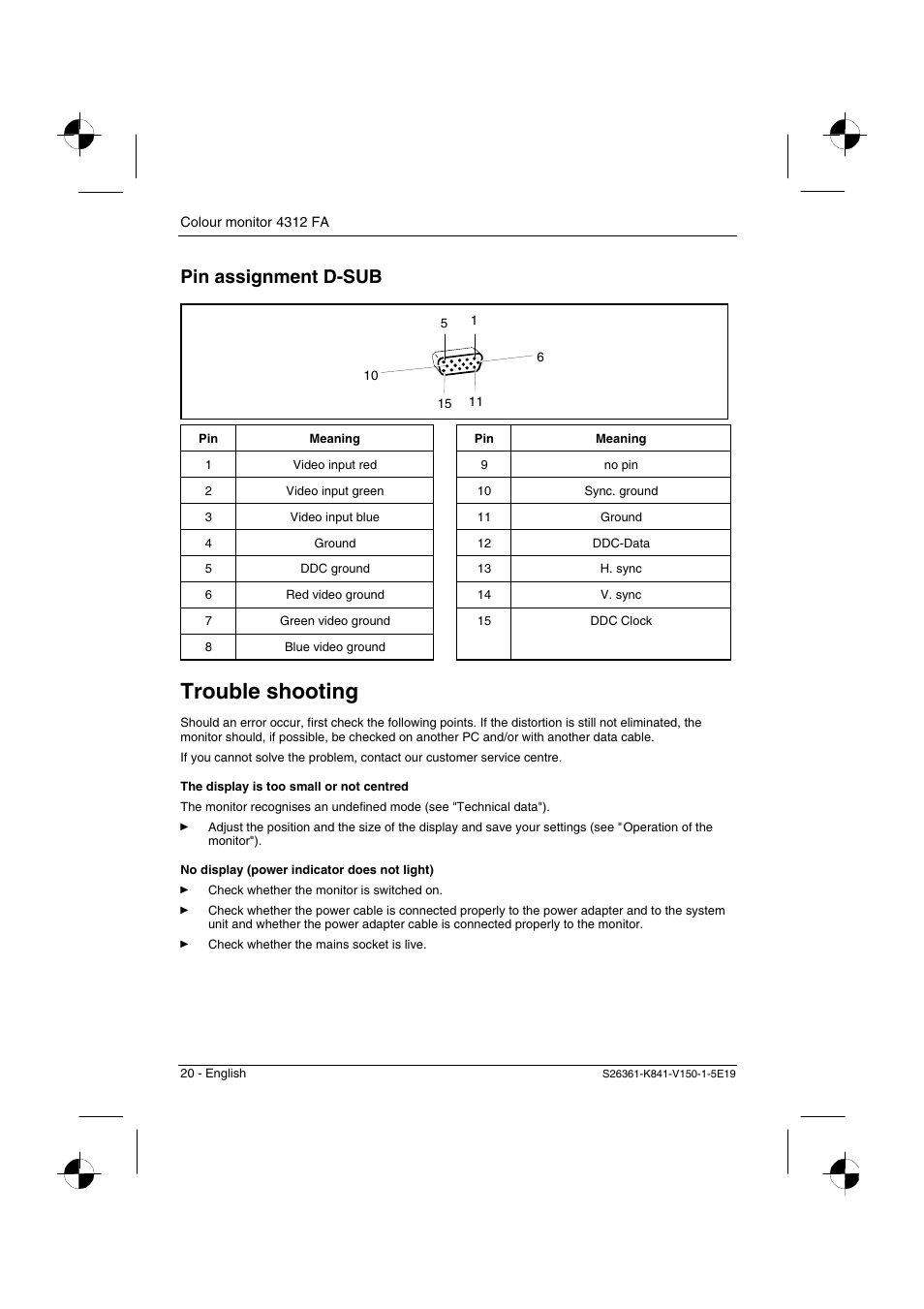 Trouble shooting, Pin assignment d-sub | Fujitsu Siemens Computers 4312 FA User Manual | Page 23 / 26