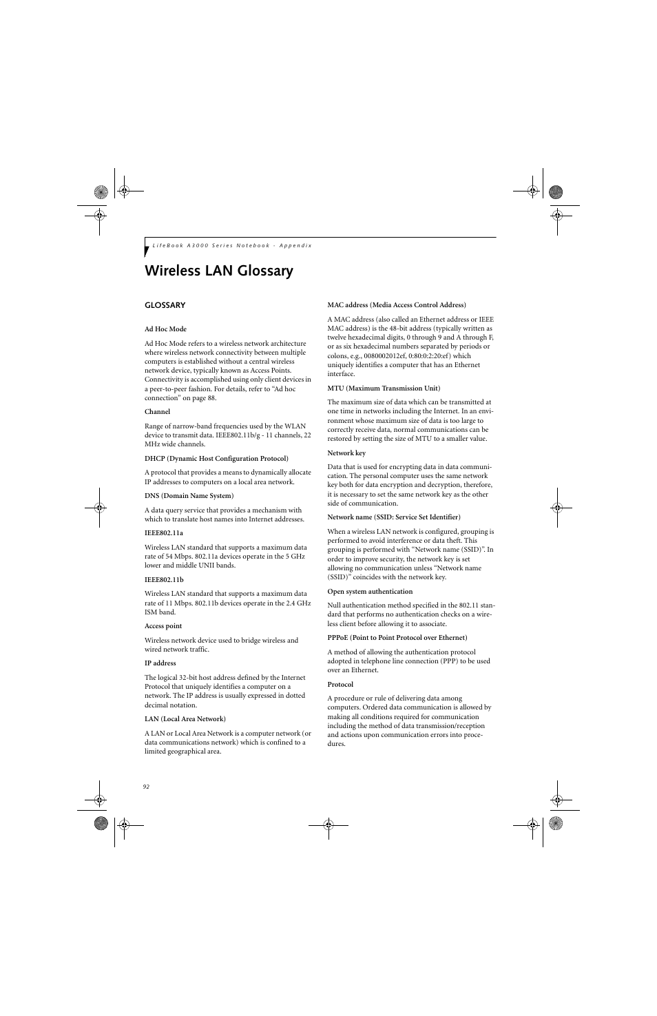 Wireless lan glossary | Fujitsu Siemens Computers LifeBook A3130 User Manual | Page 102 / 120