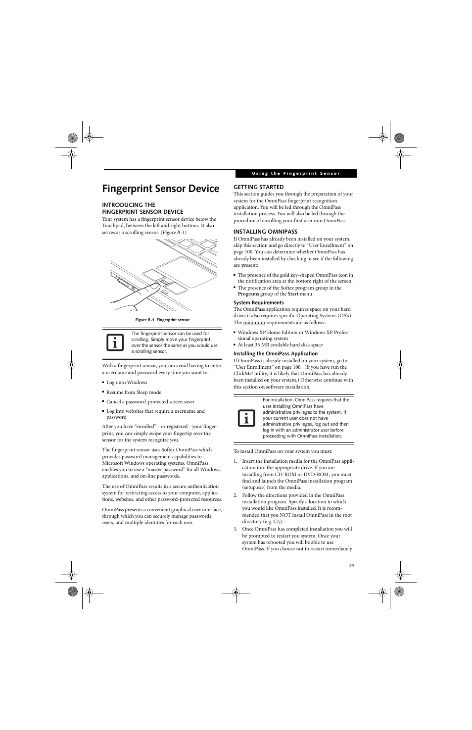 Fingerprint sensor device | Fujitsu Siemens Computers LifeBook A3130 User Manual | Page 109 / 120