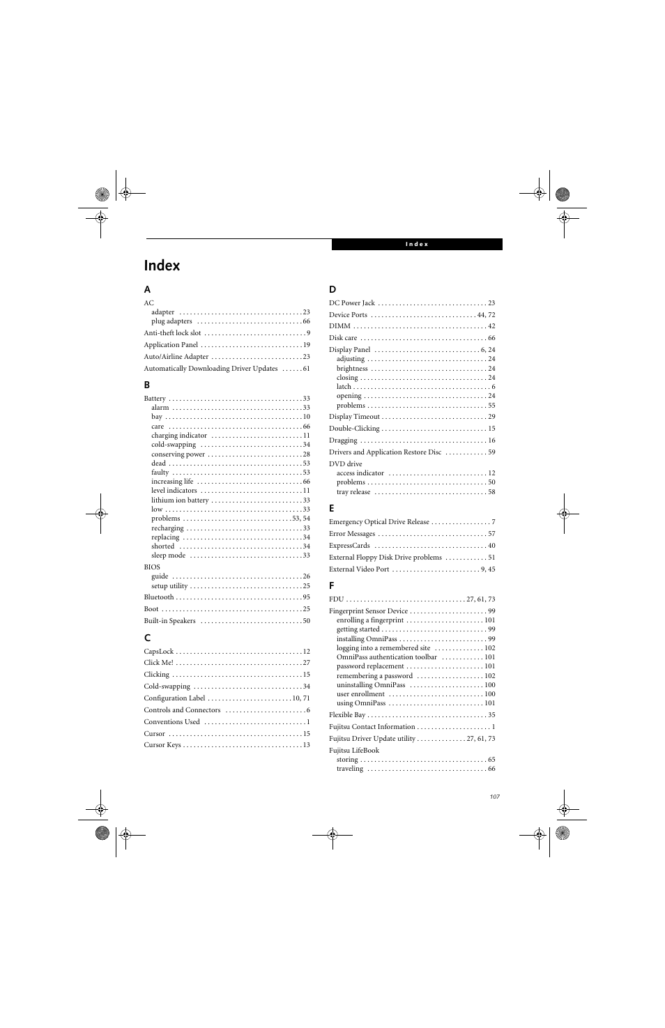 Index | Fujitsu Siemens Computers LifeBook A3130 User Manual | Page 117 / 120