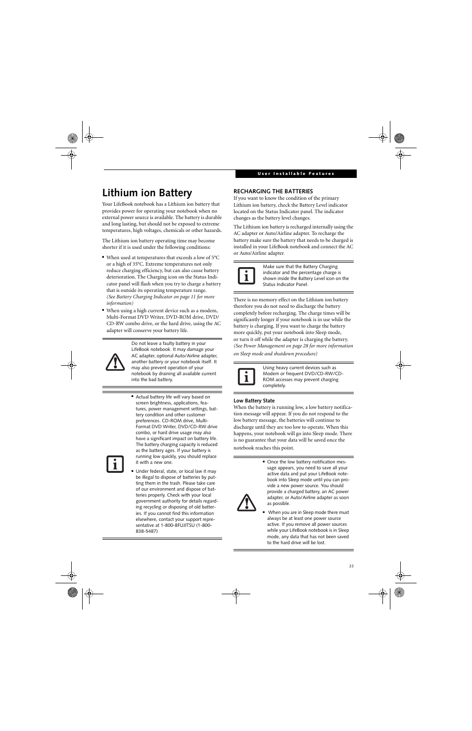 Lithium ion battery | Fujitsu Siemens Computers LifeBook A3130 User Manual | Page 43 / 120