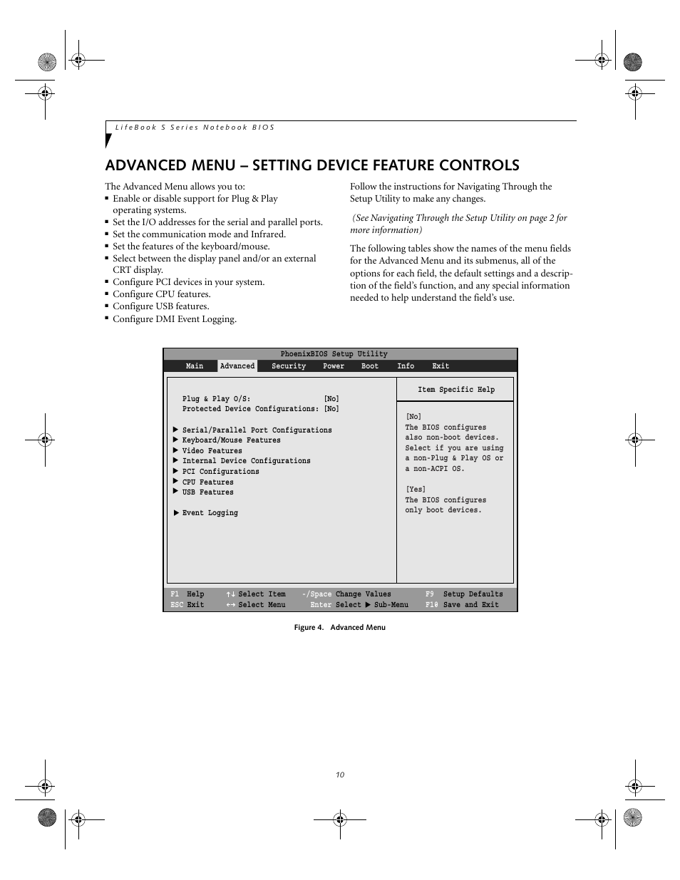 Advanced menu – setting device feature controls | Fujitsu Siemens Computers lifebook S6010 User Manual | Page 10 / 33