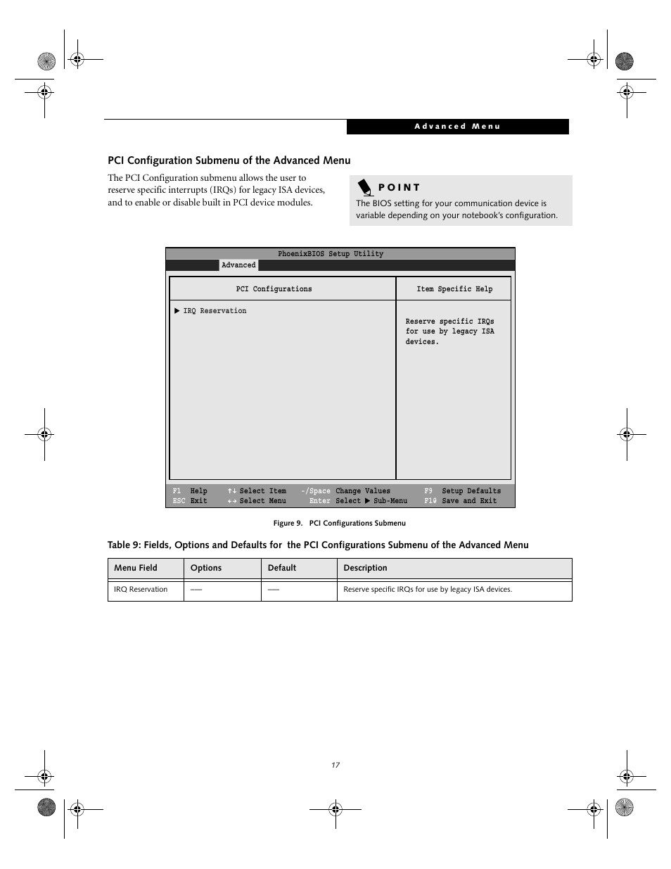 Pci configuration submenu of the advanced menu | Fujitsu Siemens Computers lifebook S6010 User Manual | Page 17 / 33