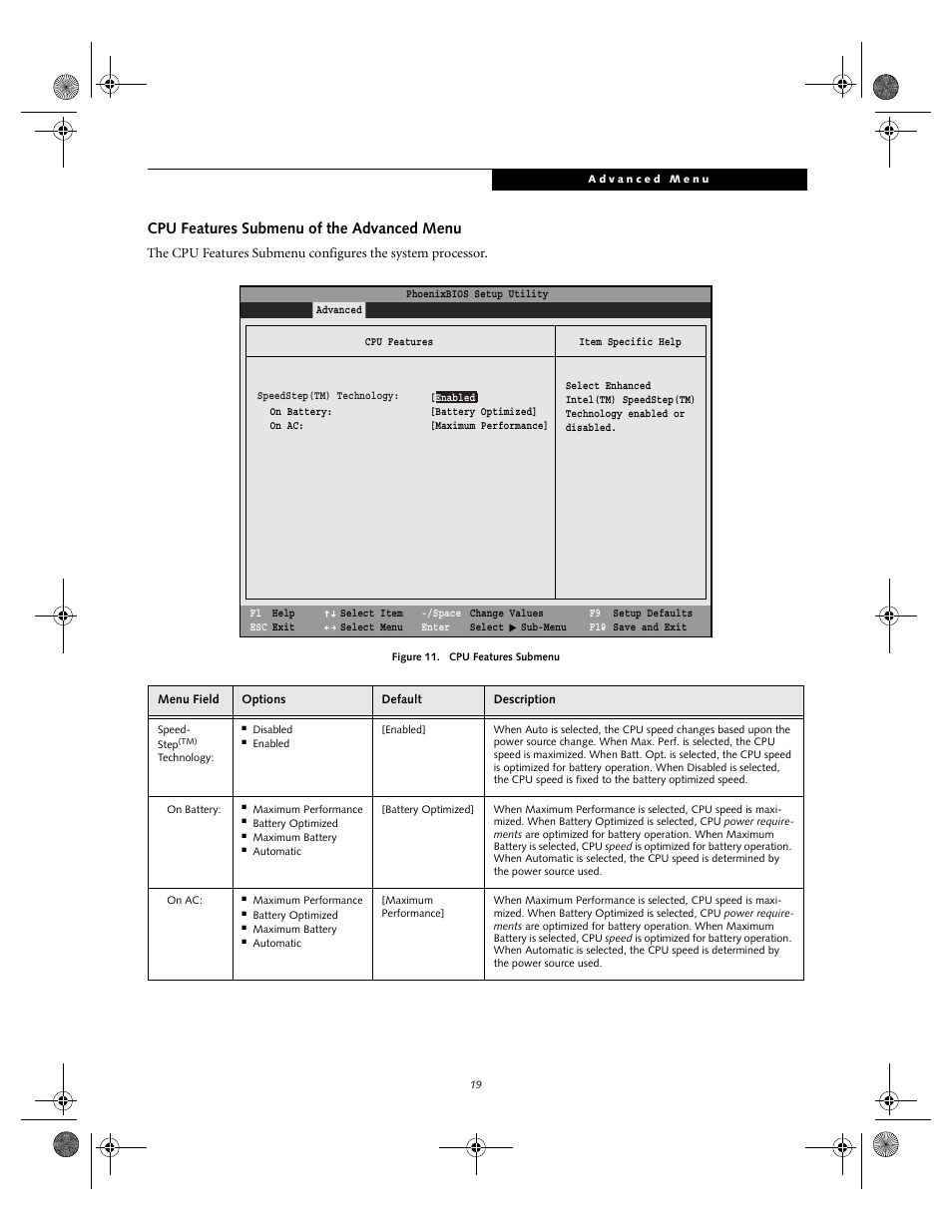 Cpu features submenu of the advanced menu | Fujitsu Siemens Computers lifebook S6010 User Manual | Page 19 / 33