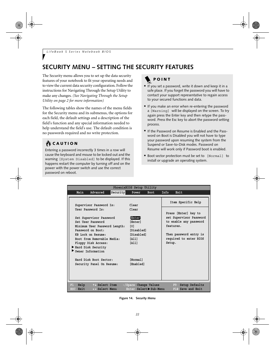 Security menu – setting the security features | Fujitsu Siemens Computers lifebook S6010 User Manual | Page 22 / 33