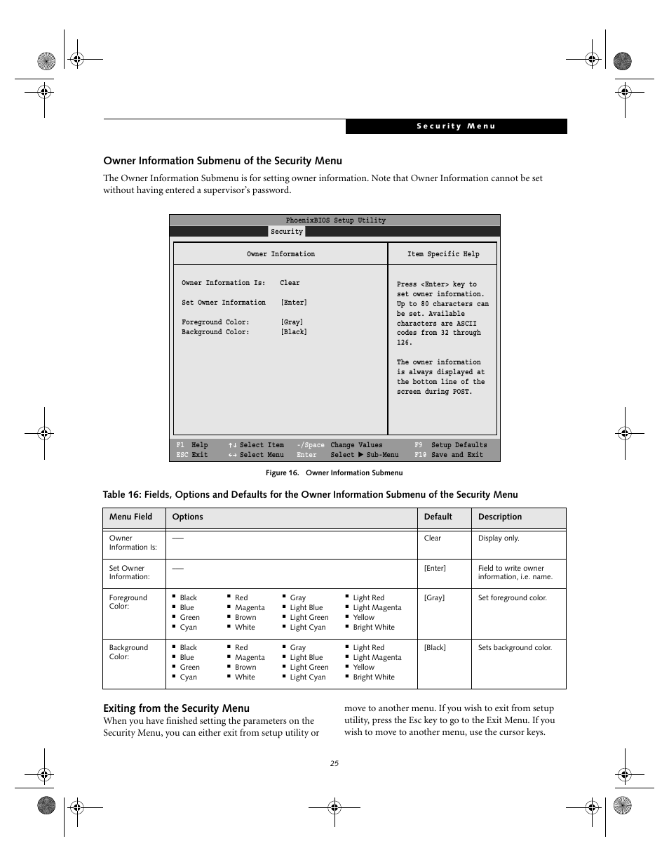 Owner information submenu of the security menu, Exiting from the security menu | Fujitsu Siemens Computers lifebook S6010 User Manual | Page 25 / 33