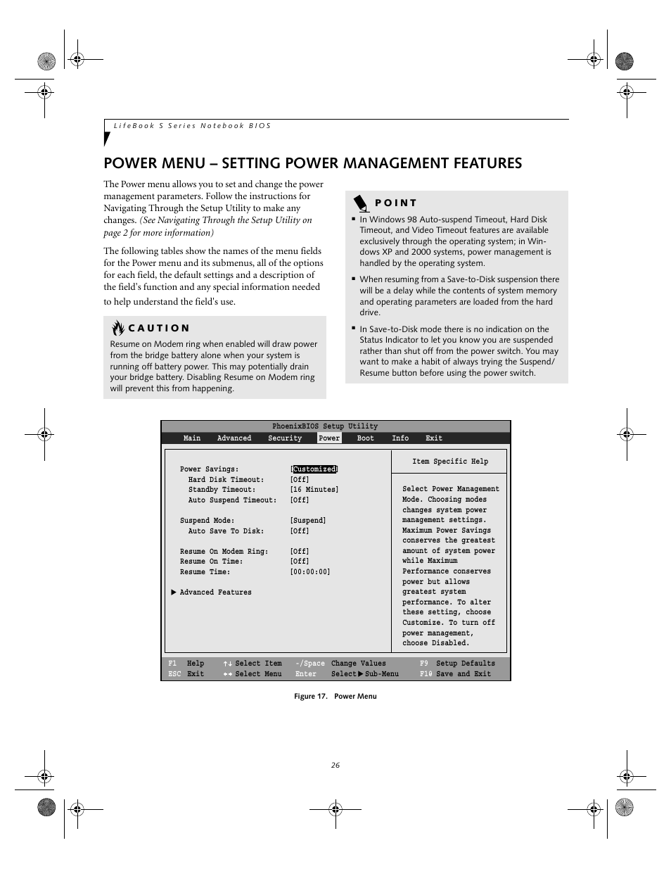 Power menu – setting power management features | Fujitsu Siemens Computers lifebook S6010 User Manual | Page 26 / 33