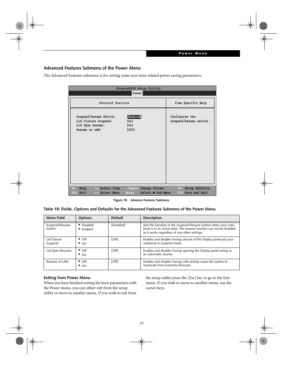 Advanced features submenu of the power menu | Fujitsu Siemens Computers lifebook S6010 User Manual | Page 29 / 33