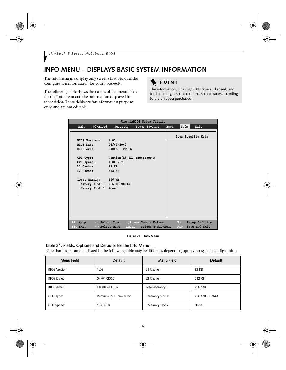 Info menu – displays basic system information | Fujitsu Siemens Computers lifebook S6010 User Manual | Page 32 / 33