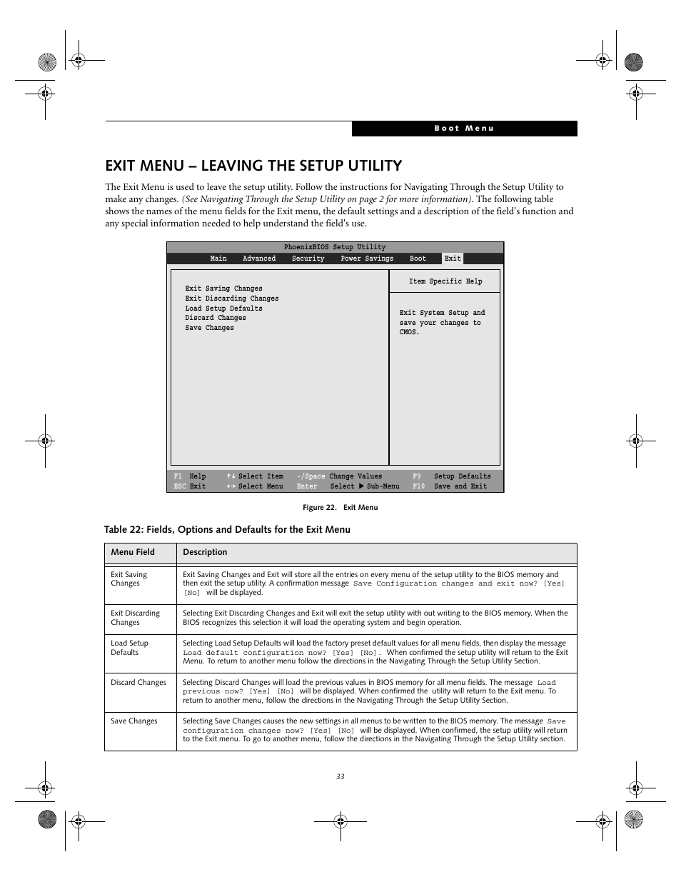 Exit menu – leaving the setup utility | Fujitsu Siemens Computers lifebook S6010 User Manual | Page 33 / 33