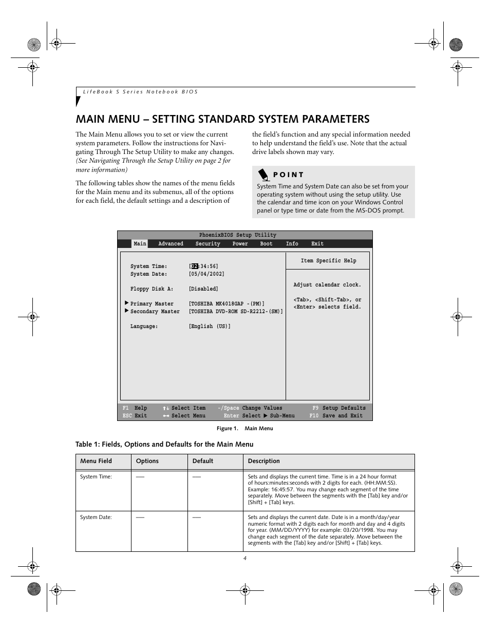 Main menu – setting standard system parameters | Fujitsu Siemens Computers lifebook S6010 User Manual | Page 4 / 33