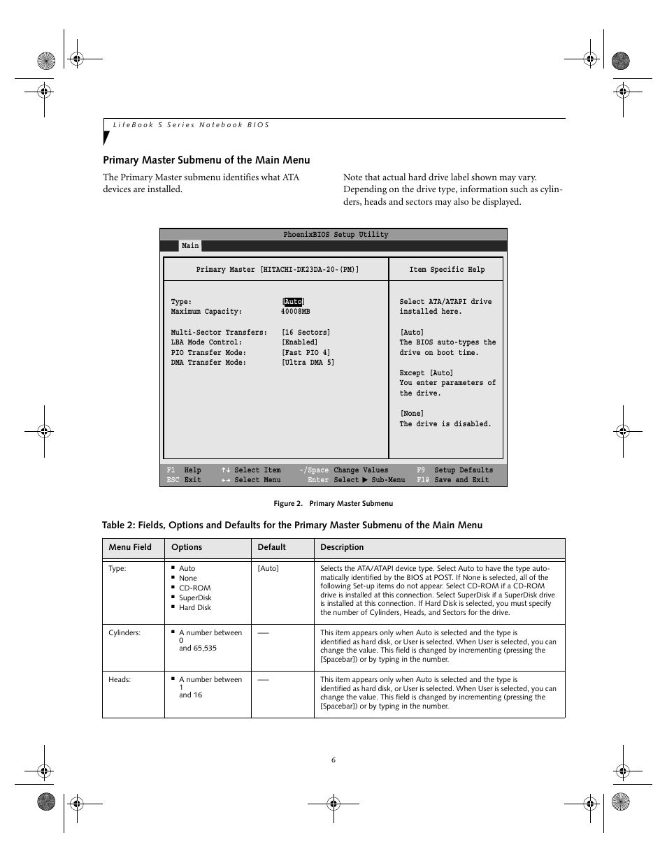 Primary master submenu of the main menu | Fujitsu Siemens Computers lifebook S6010 User Manual | Page 6 / 33