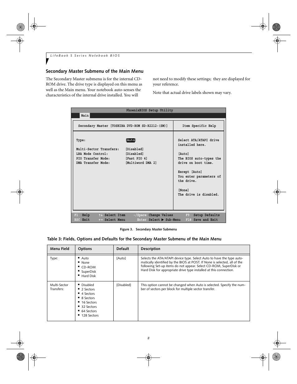 Secondary master submenu of the main menu | Fujitsu Siemens Computers lifebook S6010 User Manual | Page 8 / 33