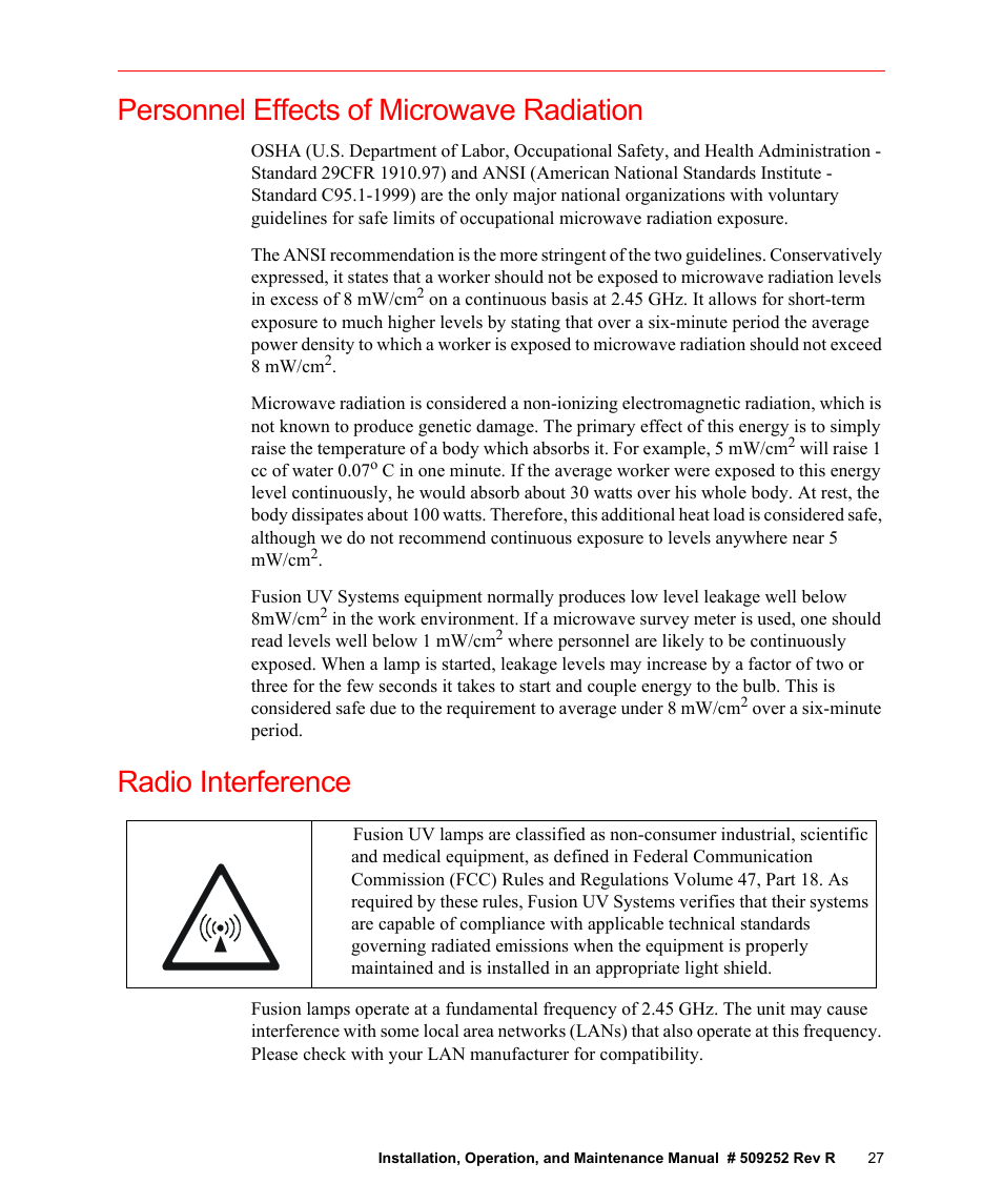Personnel effects of microwave radiation, Radio interference | Fusion F300S User Manual | Page 27 / 154