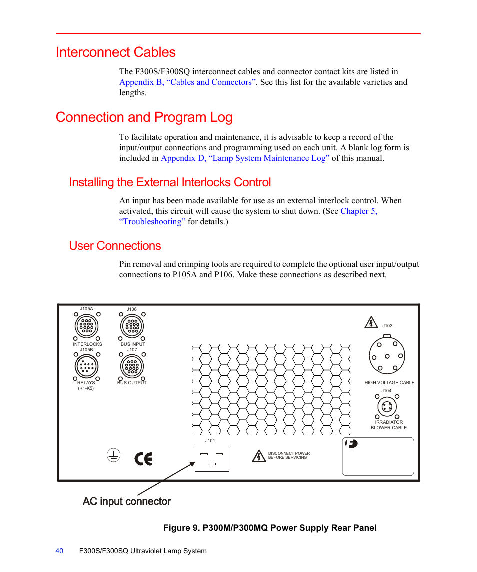 Interconnect cables, Connection and program log, Installing the external interlocks control | User connections, Figure 9. p300m/p300mq power supply rear panel, Interconnect cables connection and program log | Fusion F300S User Manual | Page 40 / 154