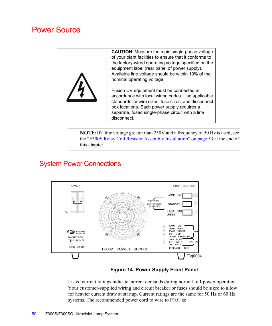 Power source, System power connections, Figure 14. power supply front panel | Fusion F300S User Manual | Page 50 / 154