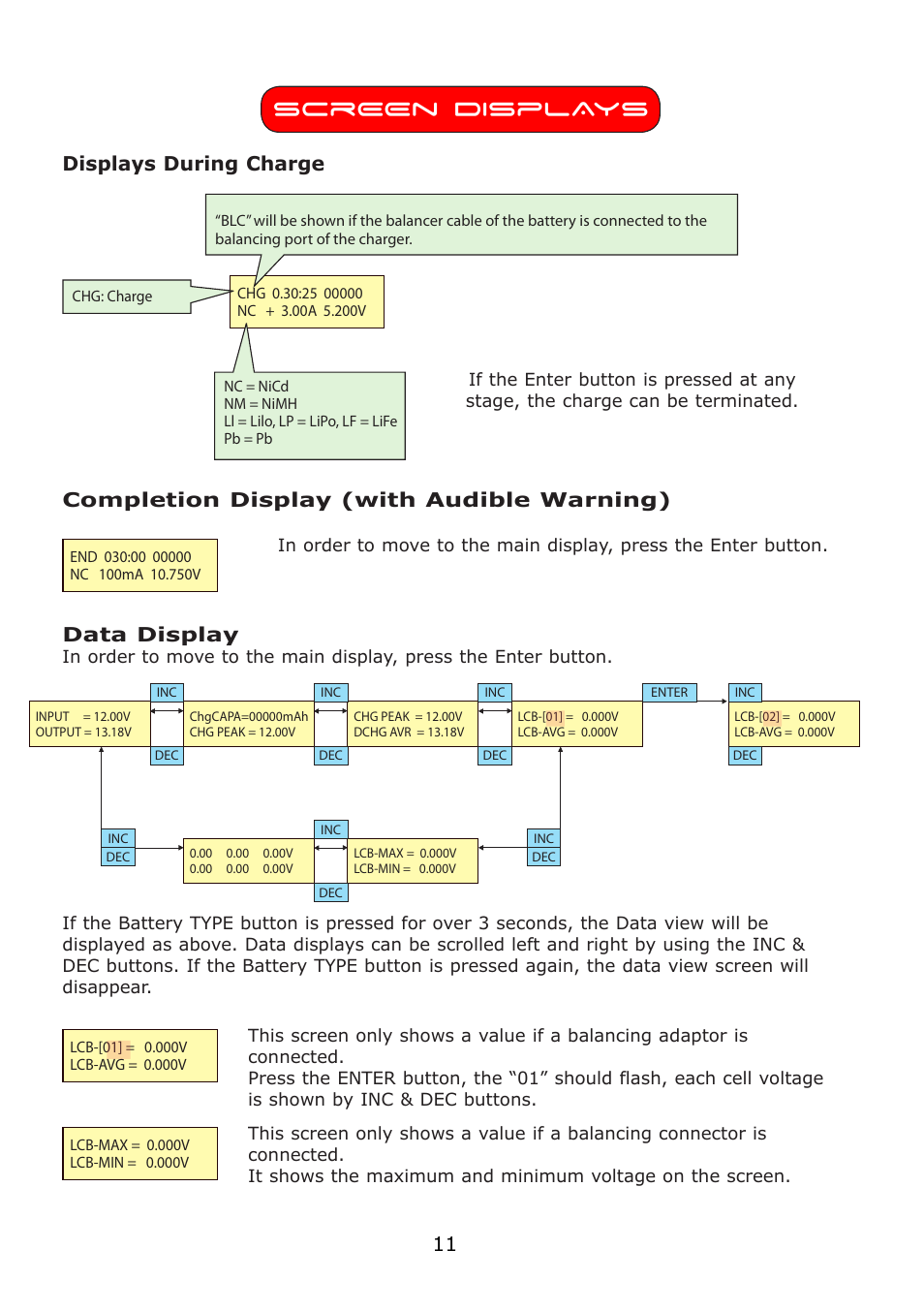 Screen displays, 11 displays during charge, Completion display (with audible warning) | Data display | Fusion TYPHOON L50B PRO User Manual | Page 13 / 16