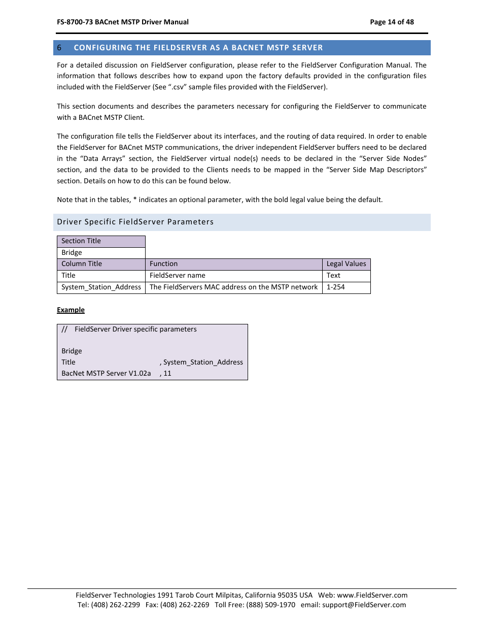 Driver specific fieldserver parameters | FieldServer FS-8700-73 User Manual | Page 14 / 48