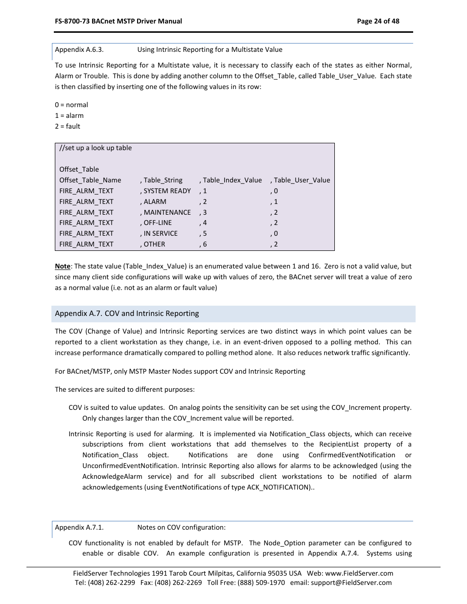 Appendix a.6.3, Using intrinsic reporting for a multistate value, Appendix a.7. cov and intrinsic reporting | Appendix a.7.1, Notes on cov configuration, Appendix a.7 | FieldServer FS-8700-73 User Manual | Page 24 / 48
