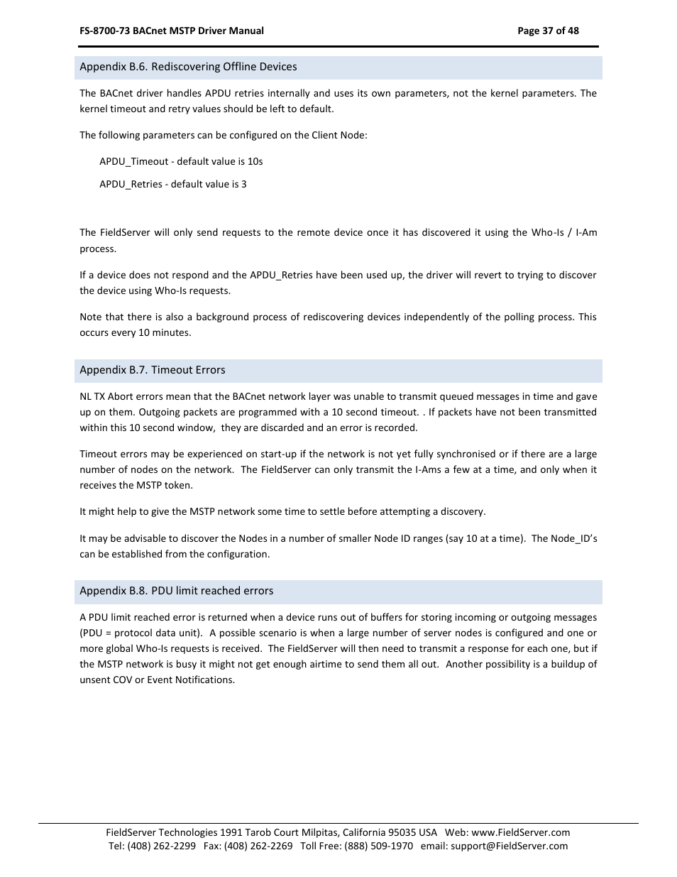 Appendix b.6. rediscovering offline devices, Appendix b.7. timeout errors, Appendix b.8. pdu limit reached errors | FieldServer FS-8700-73 User Manual | Page 37 / 48