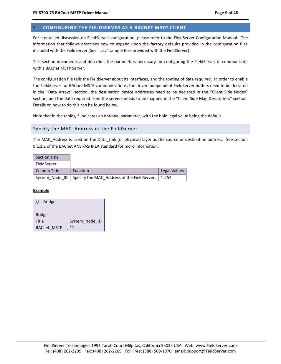 Specify the mac_address of the fieldserver | FieldServer FS-8700-73 User Manual | Page 9 / 48