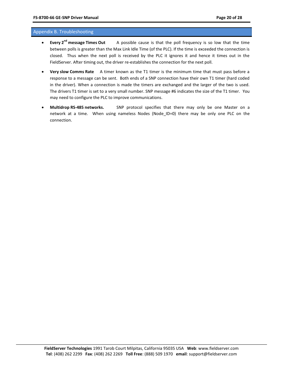 Appendix b. troubleshooting | FieldServer FS-8700-66 User Manual | Page 20 / 28