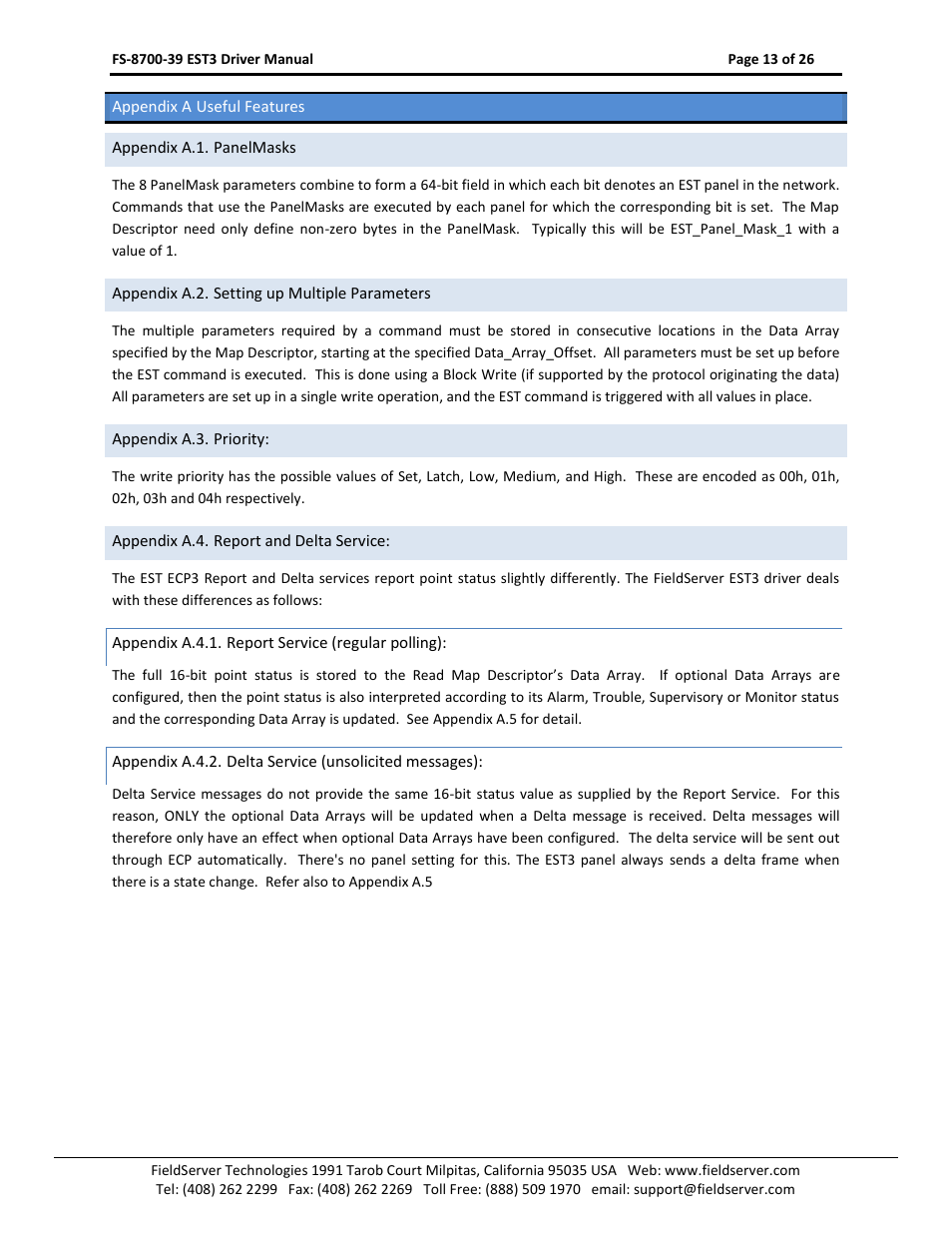 Appendix a useful features, Appendix a.1. panelmasks, Appendix a.2. setting up multiple parameters | Appendix a.3. priority, Appendix a.4. report and delta service, Appendix a.4.1. report service (regular polling), O appendix a.4 an | FieldServer FS-8700-39 User Manual | Page 13 / 26