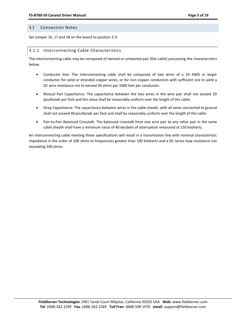 Connection notes, Interconnecting cable characteristics | FieldServer Canatal Satchnet Driver FS-8700-59 User Manual | Page 5 / 19