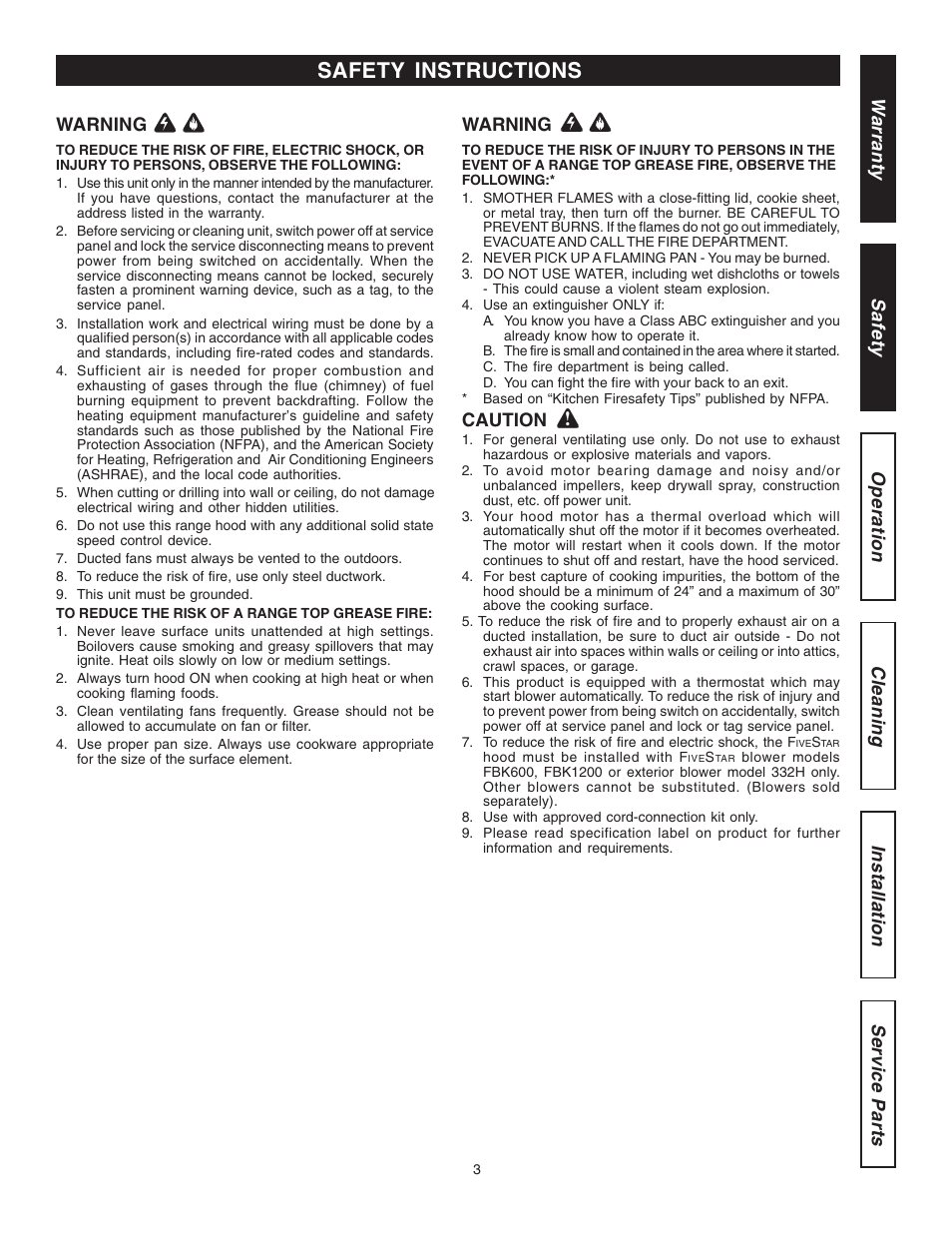 Safety instructions | Five Star Ranges FSH361-SS User Manual | Page 3 / 12