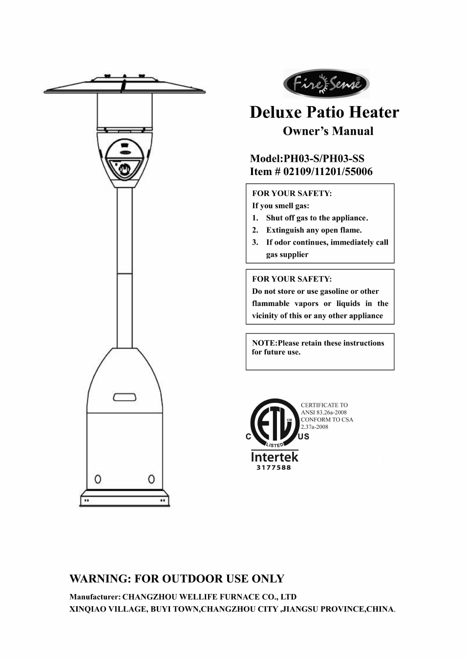 Fire Sense Deluxe Patio Heater PH03-SS User Manual | 20 pages