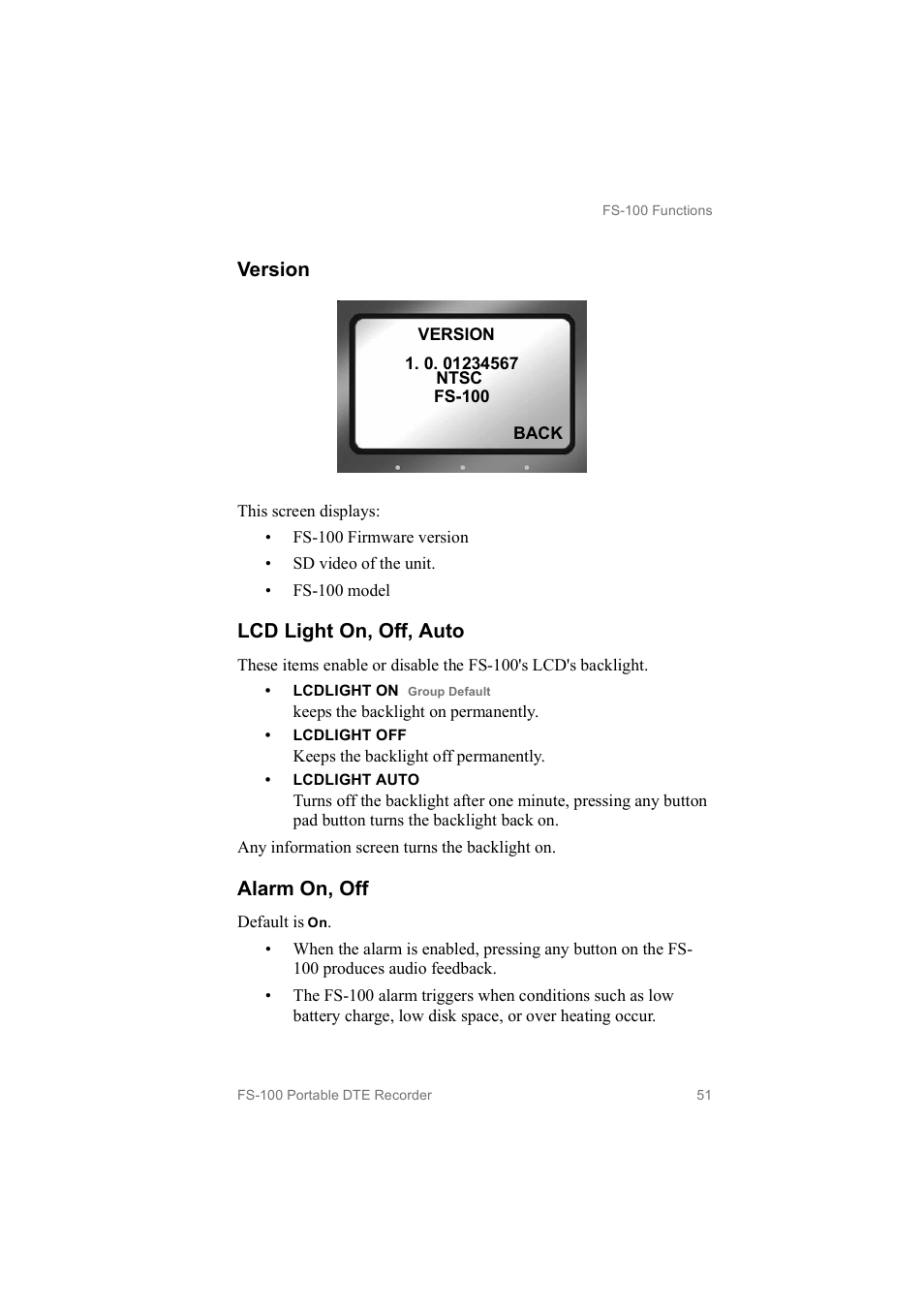 Version, Lcd light on, off, auto, Alarm on, off | FOCUS Enhancements MANL102306 User Manual | Page 69 / 120