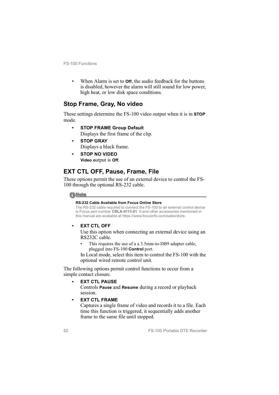Stop frame, gray, no video, Ext ctl off, pause, frame, file | FOCUS Enhancements MANL102306 User Manual | Page 70 / 120