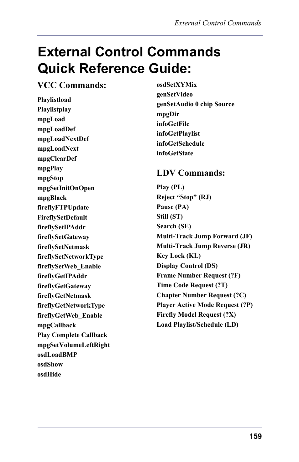 External control commands quick reference guide, Vcc commands, Ldv commands | External control commands, Quick reference guide, Vcc commands: ldv commands | FOCUS Enhancements 3.2 User Manual | Page 173 / 206