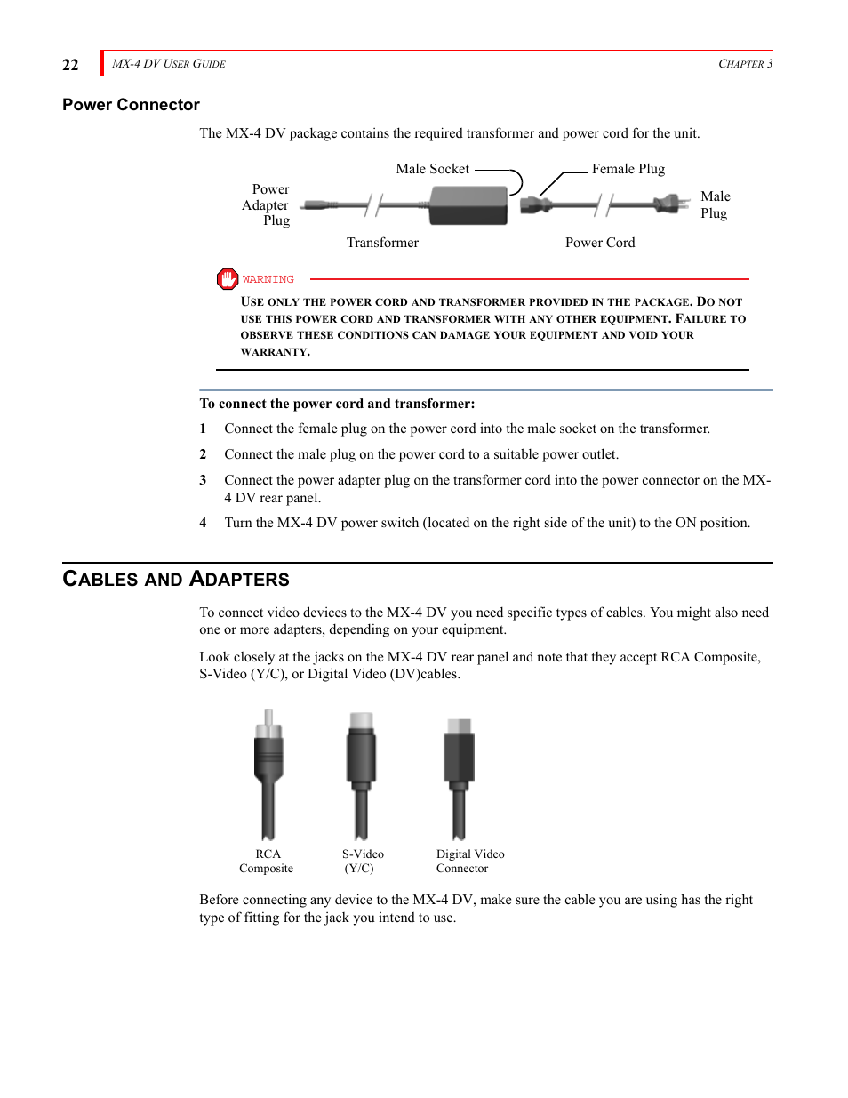 Ables, Dapters, 22 power connector | FOCUS Enhancements Bridge/Router MX-4DV User Manual | Page 26 / 170