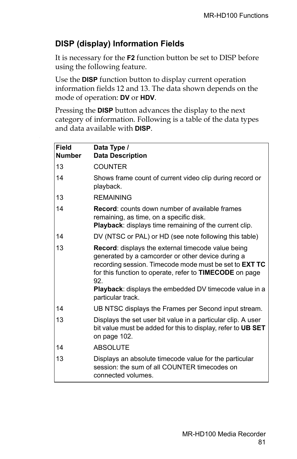 Disp (display) information fields | FOCUS Enhancements MR-HD100 User Manual | Page 101 / 224