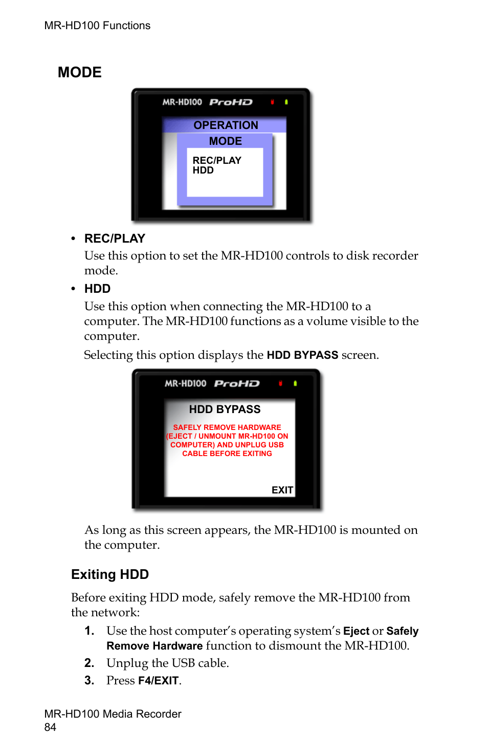 Mode, Exiting hdd | FOCUS Enhancements MR-HD100 User Manual | Page 104 / 224