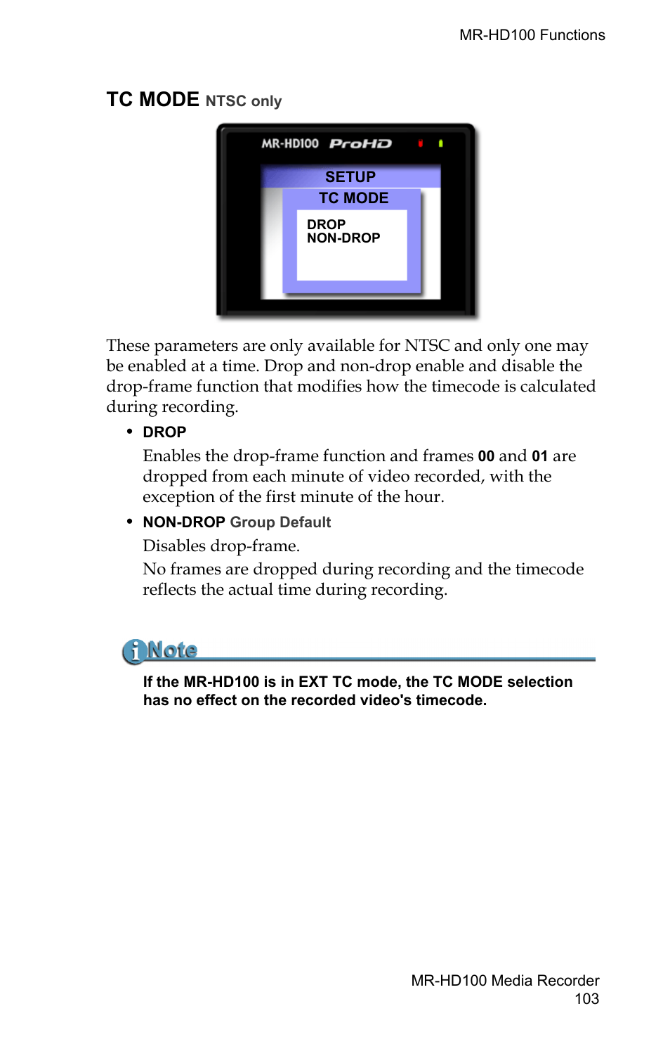 Tc mode ntsc only, Tc mode | FOCUS Enhancements MR-HD100 User Manual | Page 123 / 224