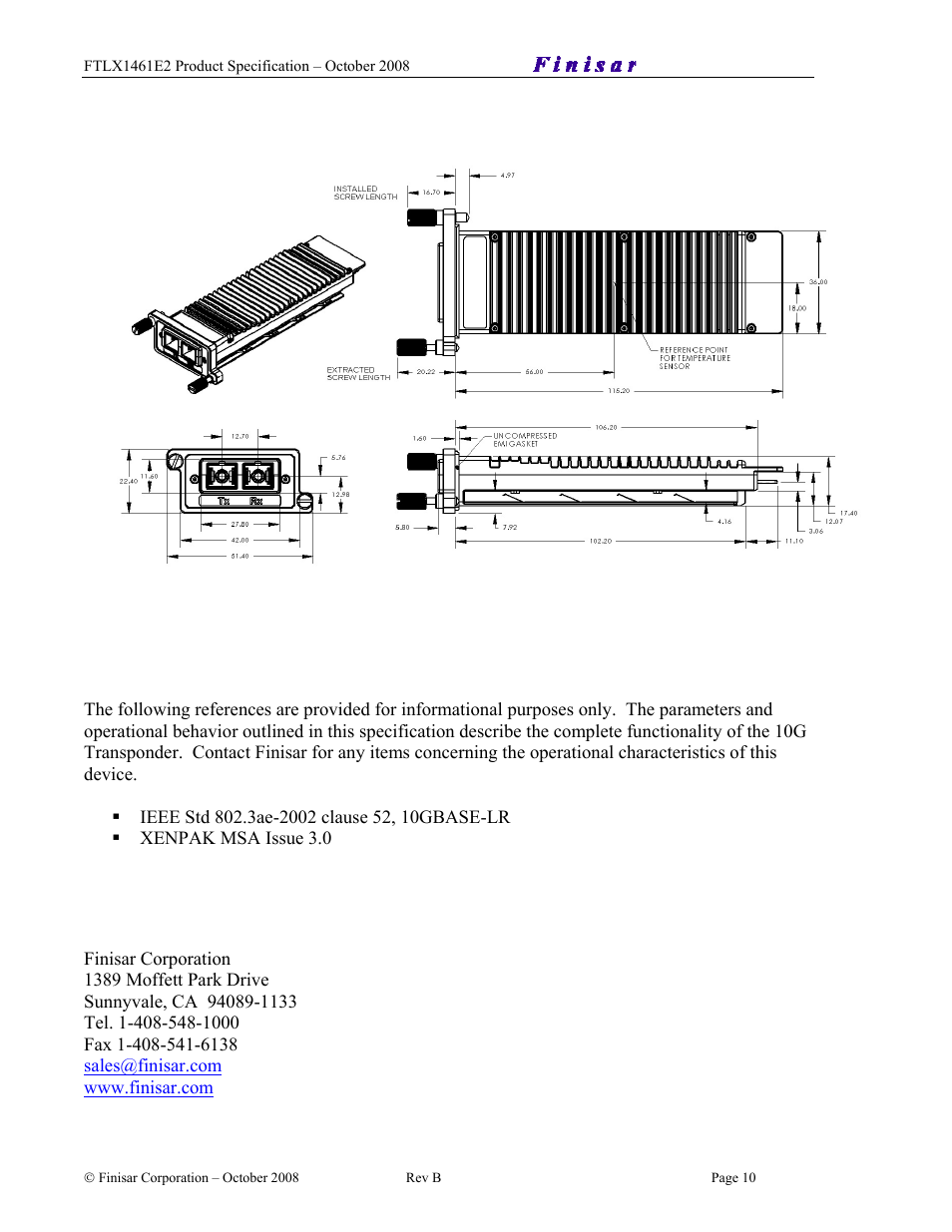 Finisar Single Mode XENPAK Transponder FTLX1461E2 User Manual | Page 10 / 10