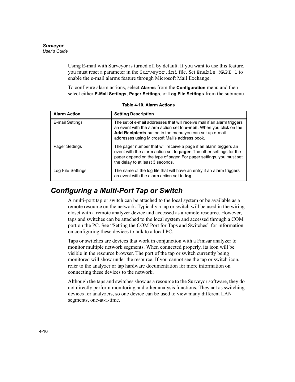 Configuring a multi-port tap or switch, Configuring a multi-port tap or switch -16, Alarm actions -16 | Finisar Surveyor User Manual | Page 76 / 454