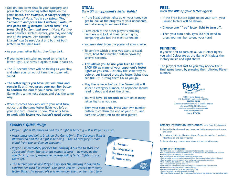 Example game play, Steal, Free | Winning | Fundex Games A To Z Jr. Electronic User Manual | Page 2 / 2