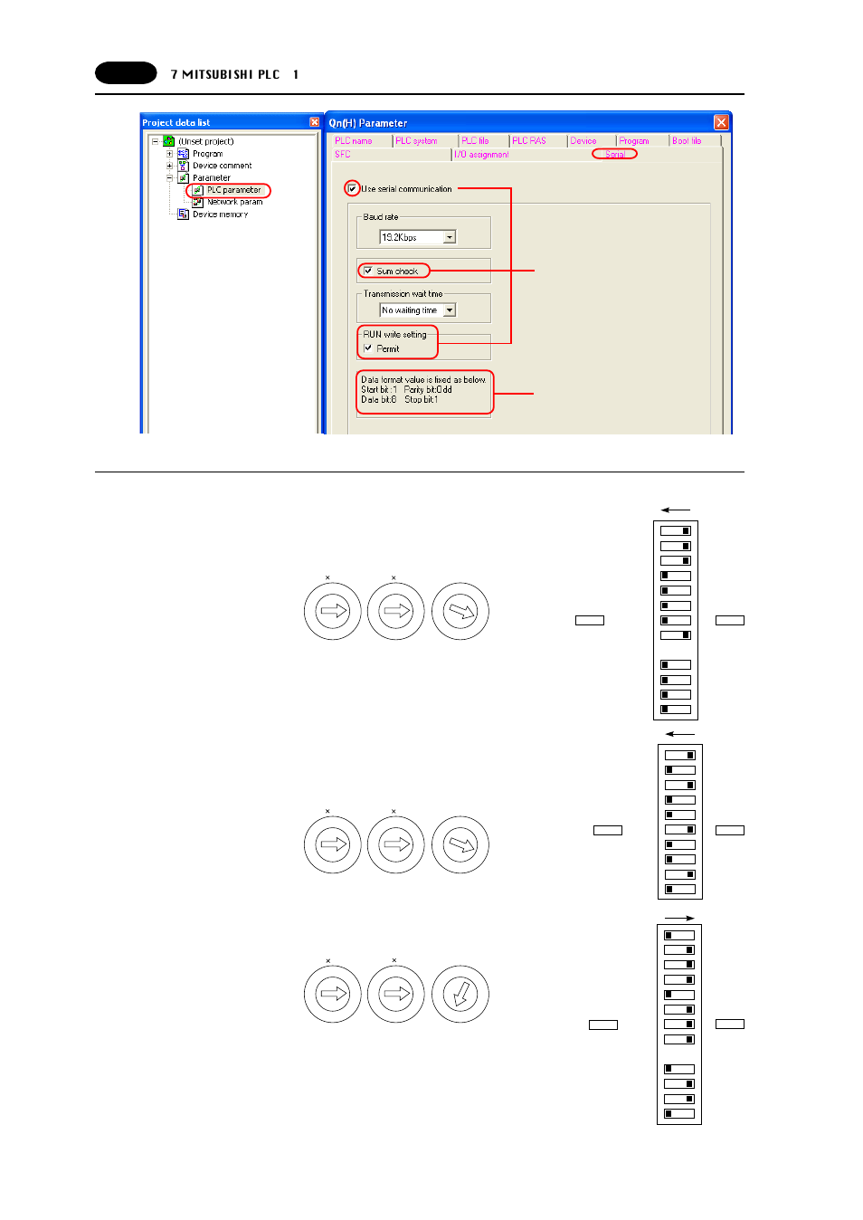 Switch setting, Aj71uc24, 7 mitsubishi plc | Fujitronic Programmable Operation Display UG520H-x User Manual | Page 87 / 275